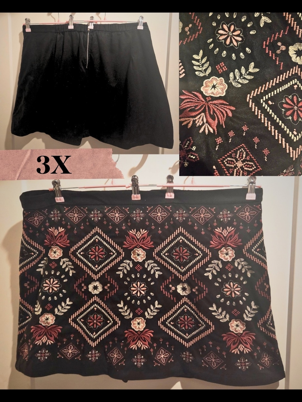 Chic Soul/Savannah Jane - 3X - Plus Black Faux Suede Embroidered A-Line Skirt
